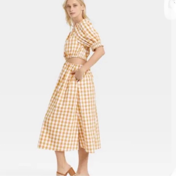 Who What Wear Women's Summer Gingham Checked Dress Honey Mustard Size Large NWT - Picture 2 of 7